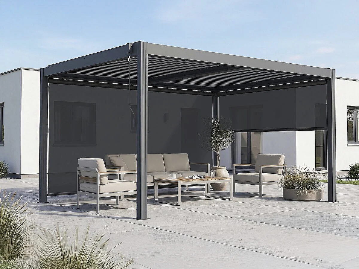 Pérgola bioclimática "Windsor premium" con led y 2 persianas de aluminio - 3 x 4 m - Gris