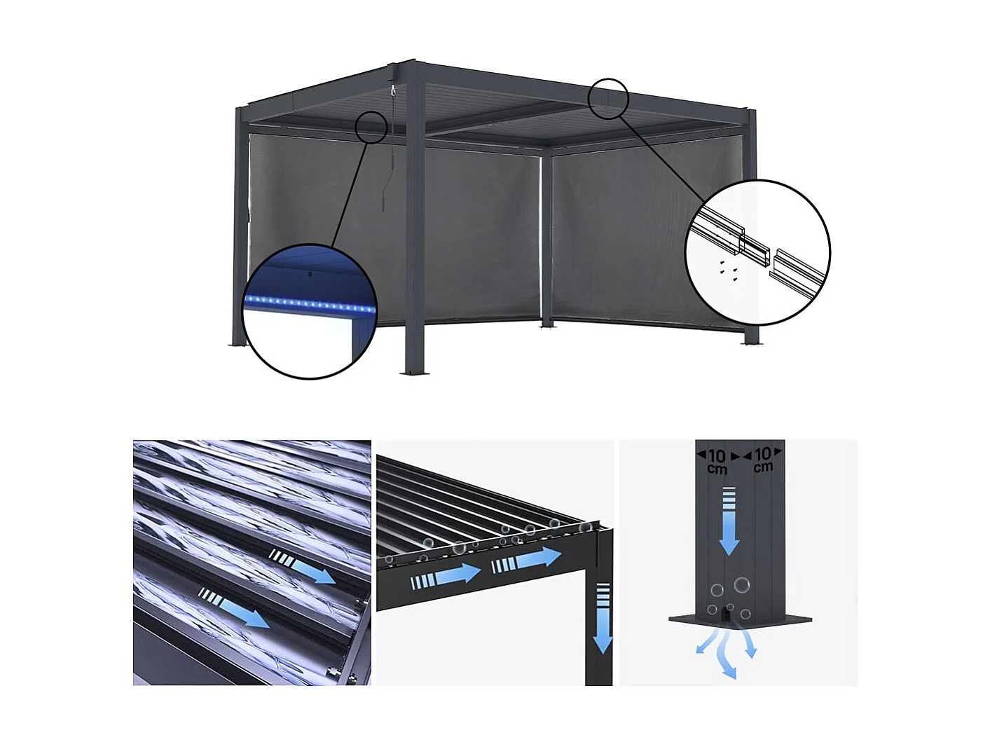 Pérgola bioclimática "Windsor premium" con led y 2 persianas de aluminio - 3 x 4 m - Gris