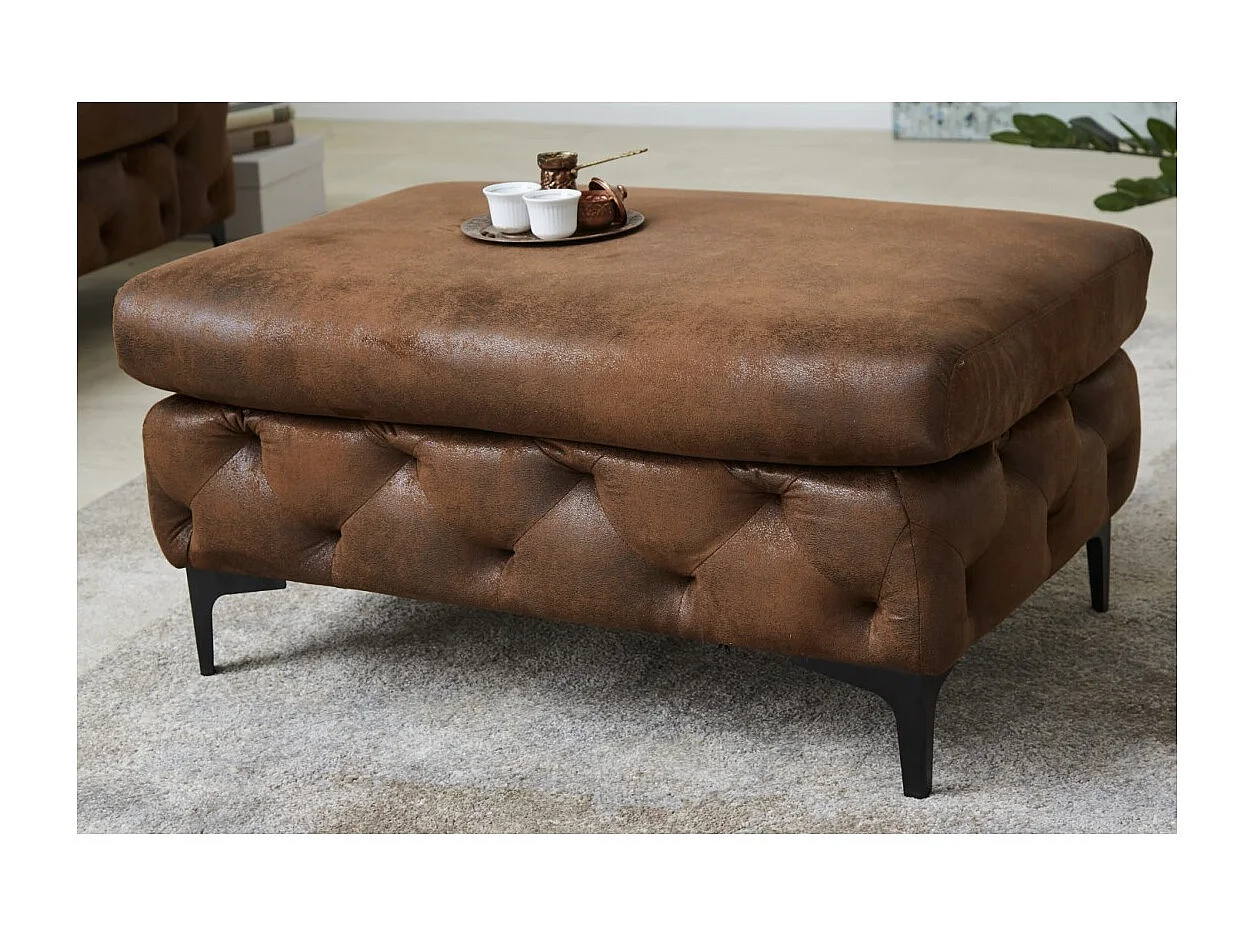 Pouf VELENA bruin – Barokke poef in microvezel met massief houten structuur