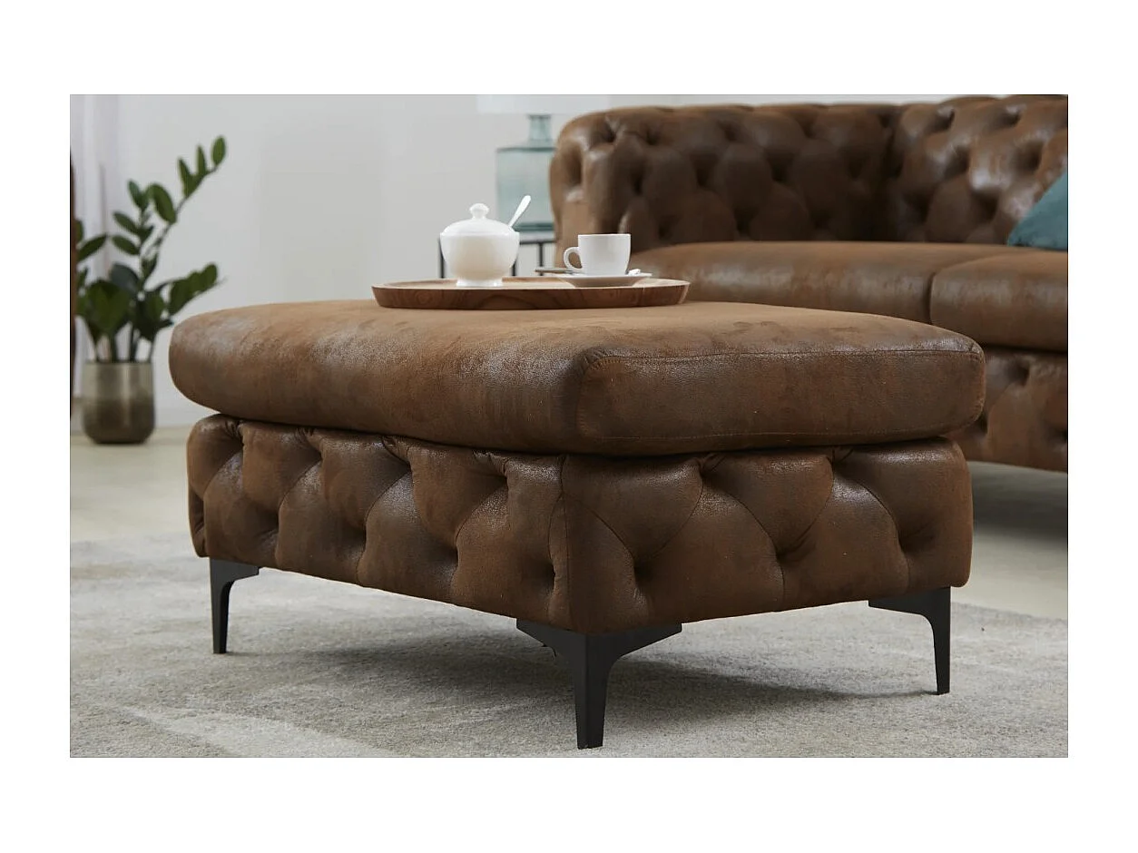 Pouf VELENA bruin – Barokke poef in microvezel met massief houten structuur