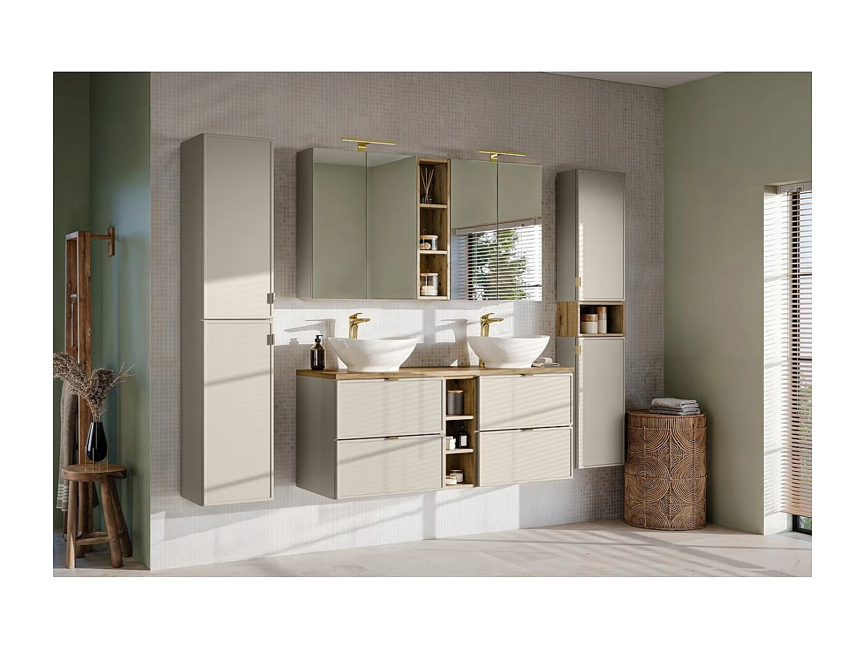 Colonne de salle de bain BRAZZA : rangements fermés coloris cachemire et niche ouverte aspect bois