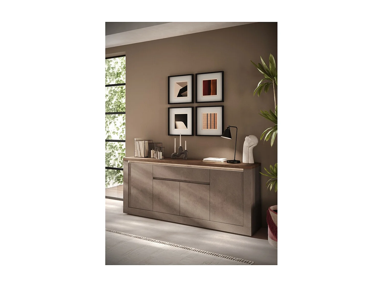 Buffet SASHA – 4 portes, 1 tiroir et LED – Bronze et plateau bois Mercure