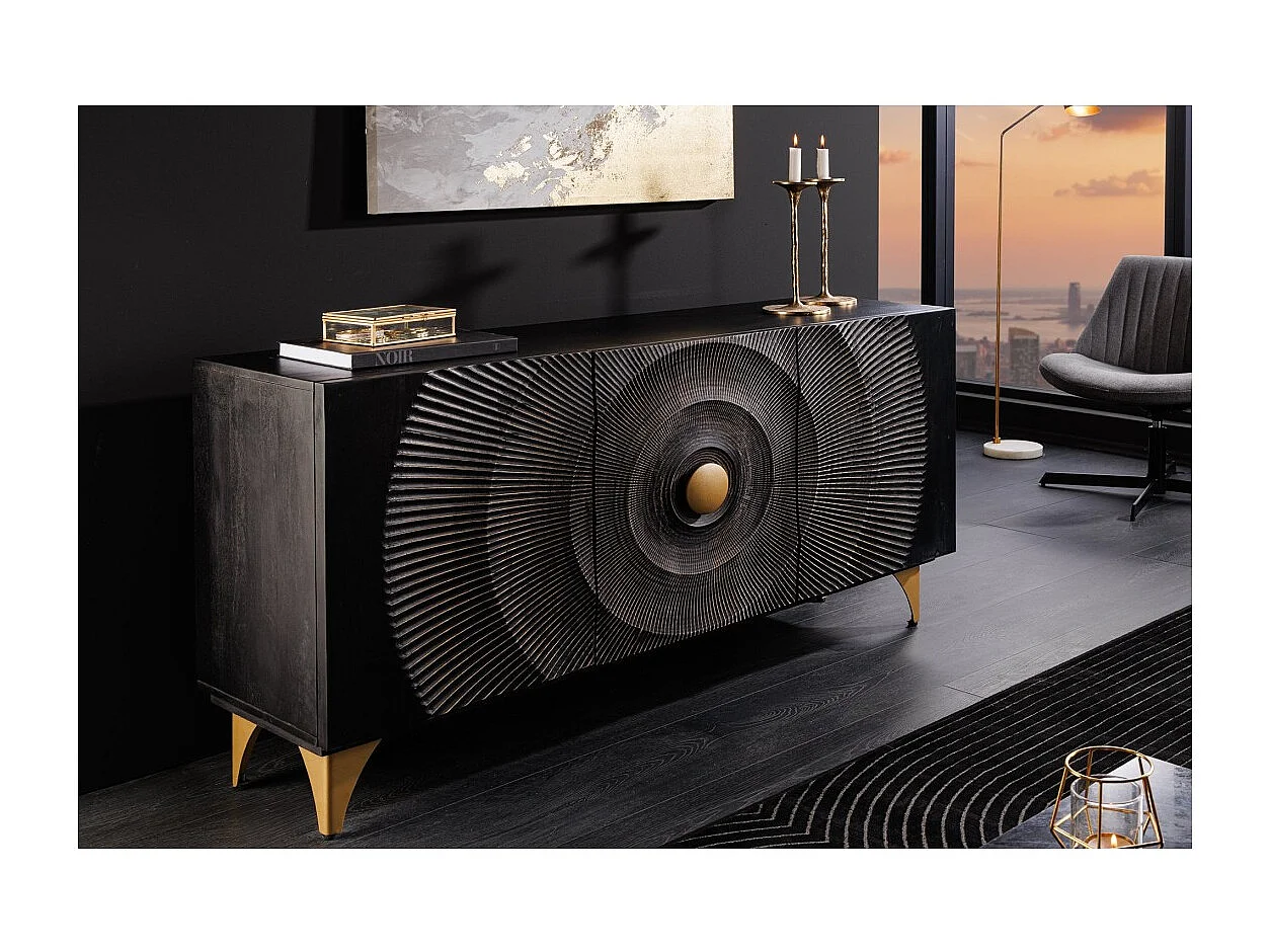 Buffet 140 cm 3 portes bois noir et doré – Collection SOLARIS