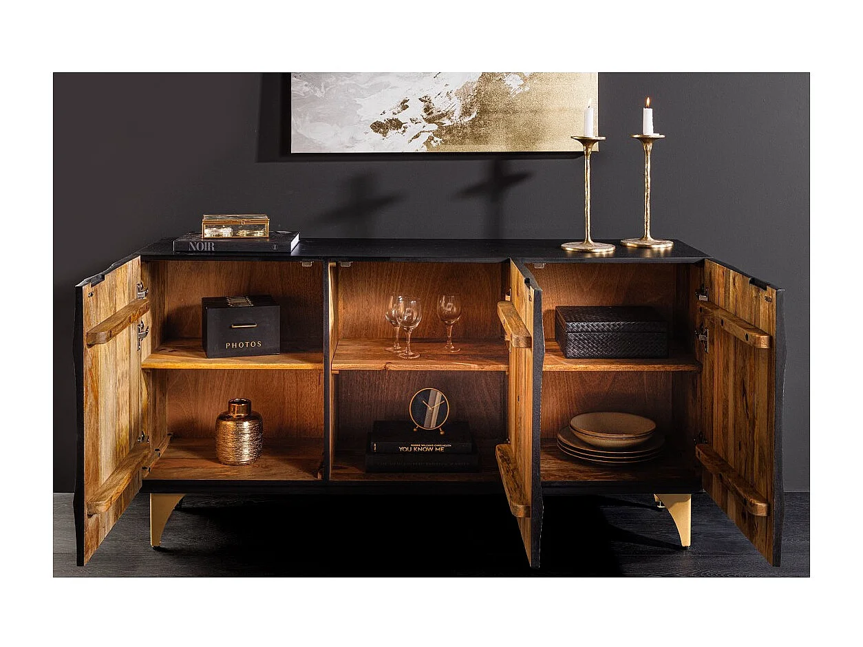 Buffet 140 cm 3 portes bois noir et doré – Collection SOLARIS
