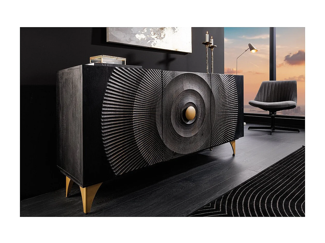Buffet 140 cm 3 portes bois noir et doré – Collection SOLARIS