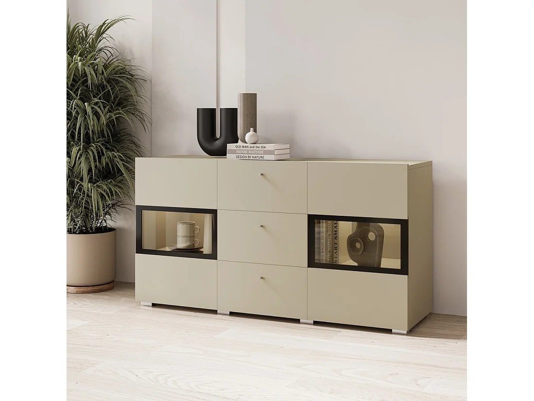 Buffet RAMOS 130 cm – Lichtbeige – 2 glazen deuren en 3 laden – Zonder LED