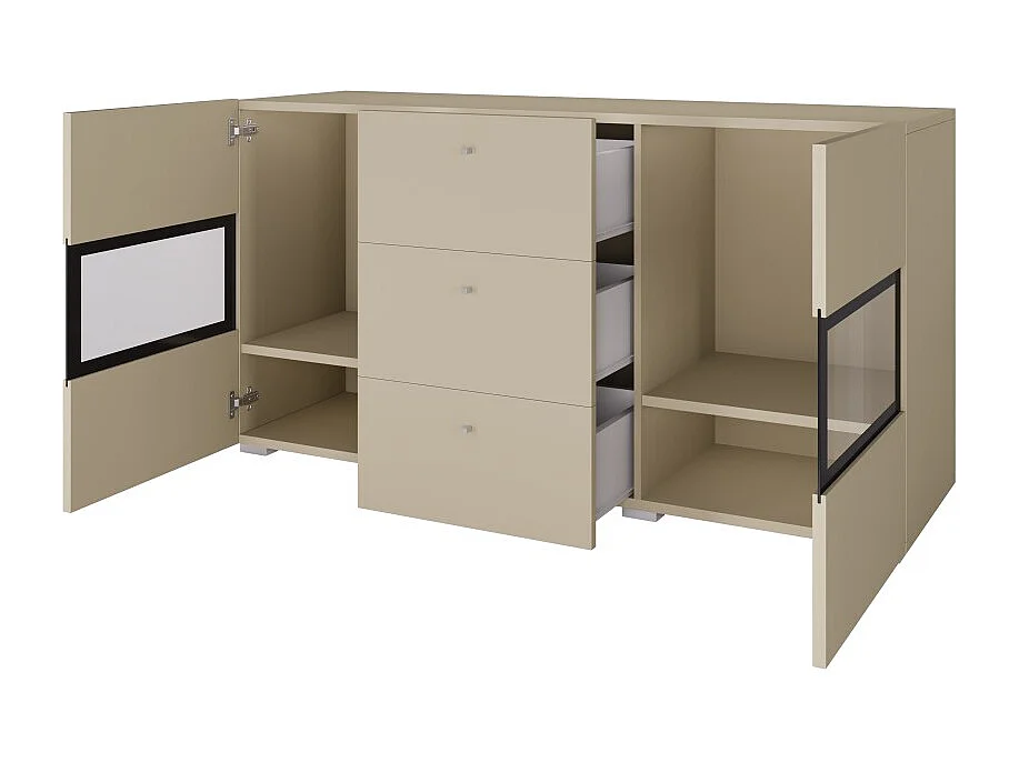 Buffet RAMOS 130 cm – Lichtbeige – 2 glazen deuren en 3 laden – Zonder LED