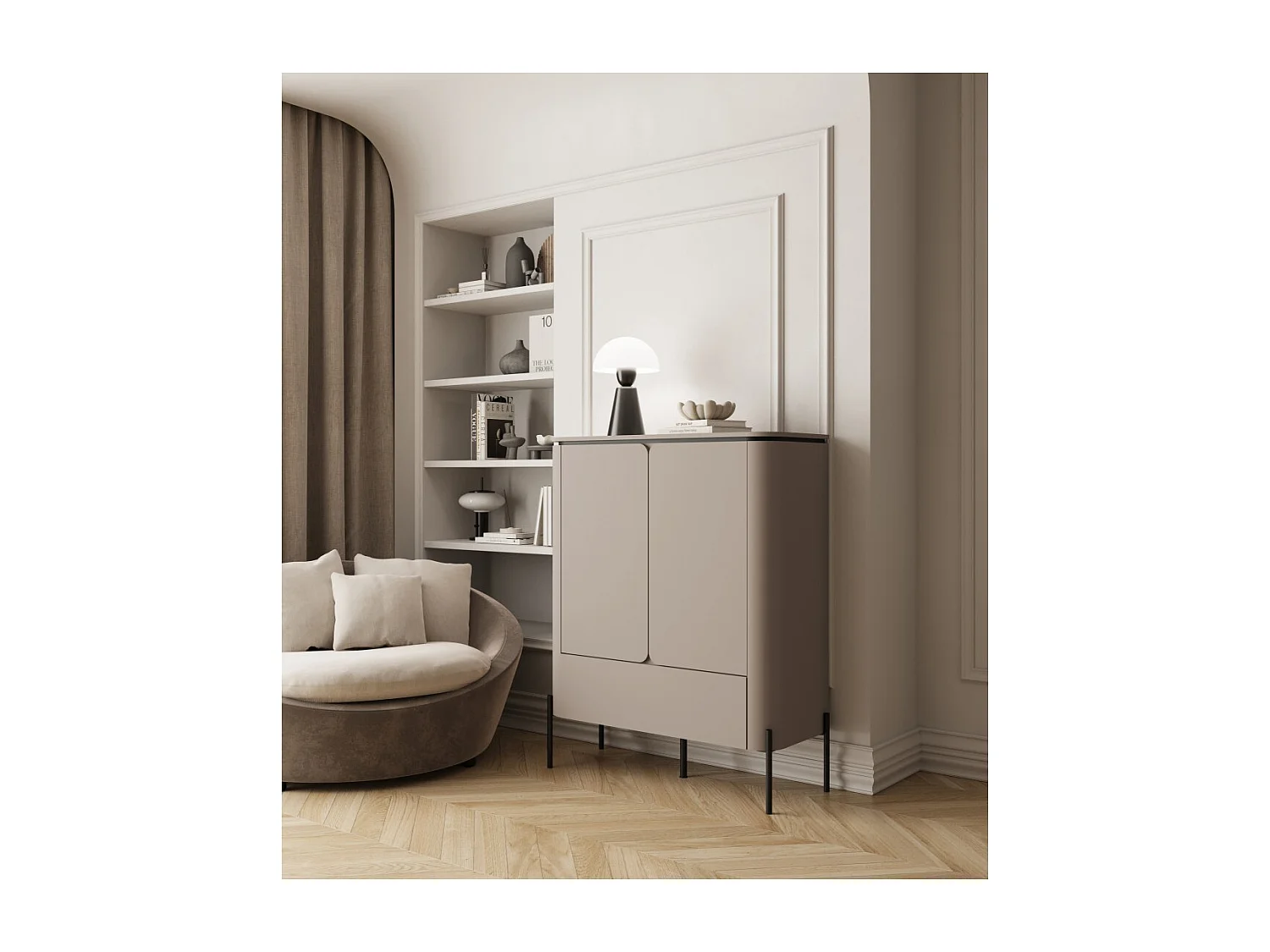 Buffet hoog BELLA 2 deuren 1 lade - Afwerking mat Congo - Elegante zwarte metalen poten