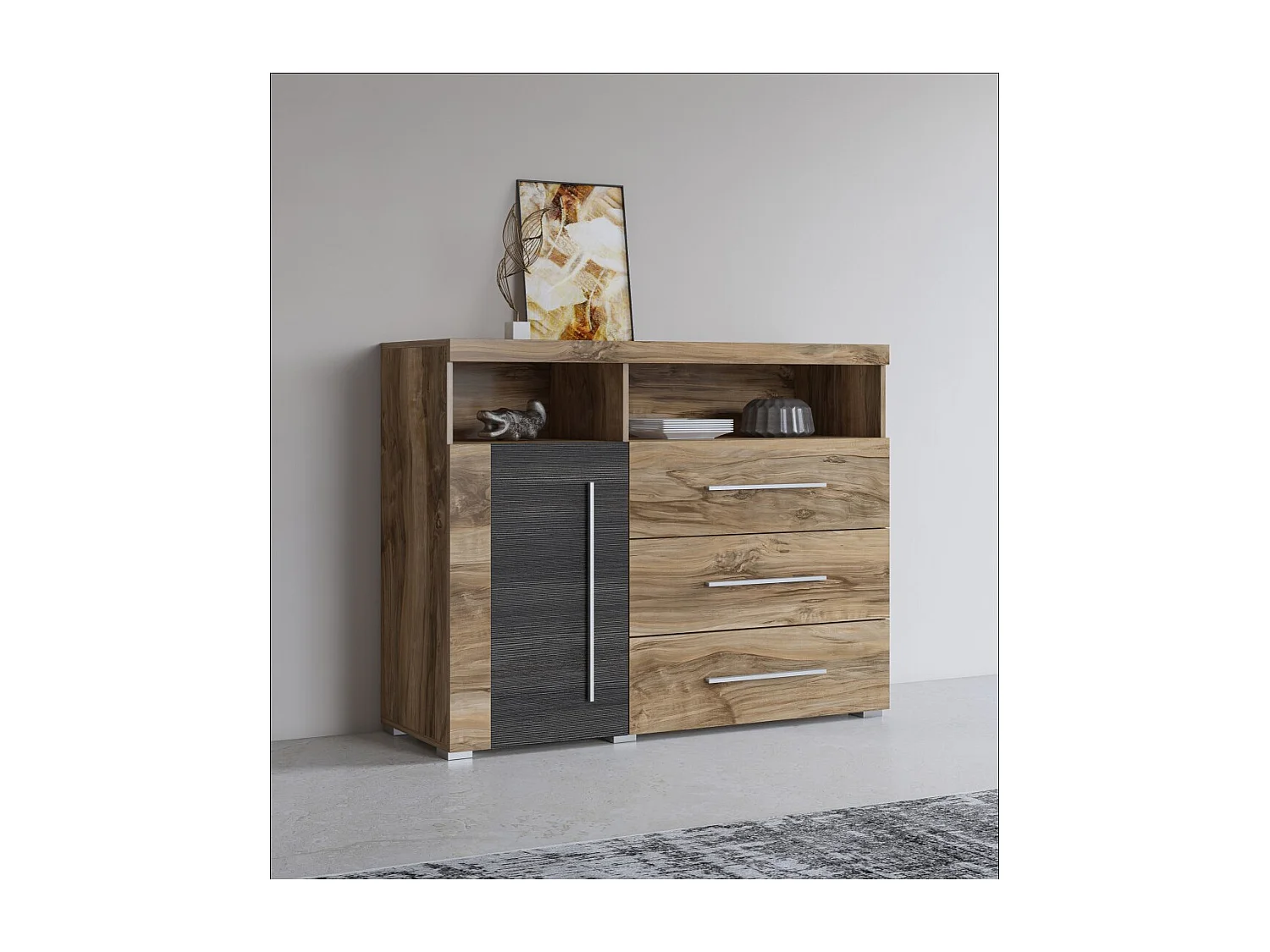 Buffet BRAZZA 1 puerta 3 cajones – Almacenamiento compacto nogal satinado – Nichos visibles – 119 cm