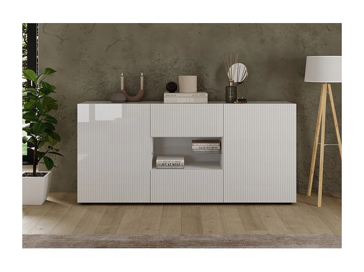 Buffet SCENA – L181×H84×P42 cm – 2 portes + 2 tiroirs + niche – Blanc laqué