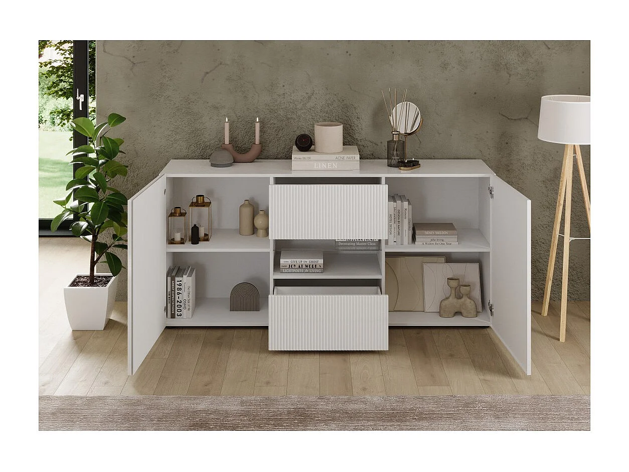 Buffet SCENA – L181×H84×P42 cm – 2 portes + 2 tiroirs + niche – Blanc laqué