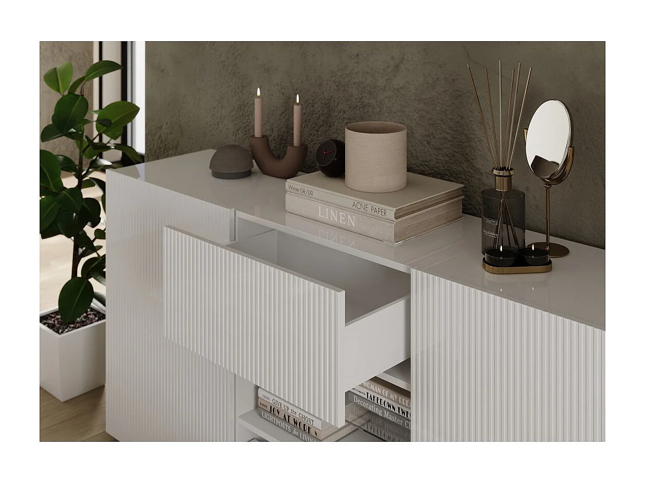Buffet SCENA – L181×H84×P42 cm – 2 portes + 2 tiroirs + niche – Blanc laqué