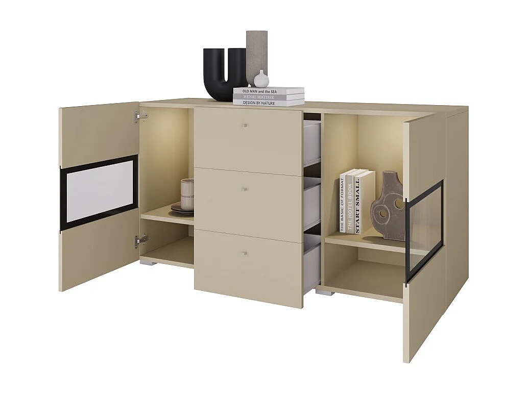 Buffet RAMOS 130 cm – Lichtbeige – Geïntegreerde multicolor LED – 2 glazen deuren en 3 laden
