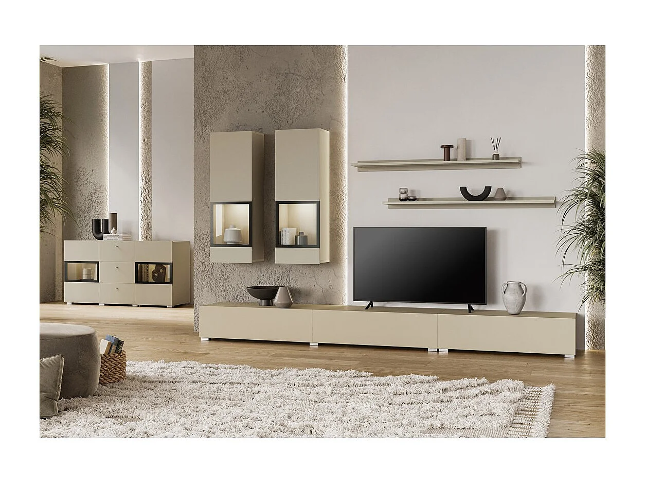 Buffet RAMOS 130 cm – Lichtbeige – Geïntegreerde multicolor LED – 2 glazen deuren en 3 laden