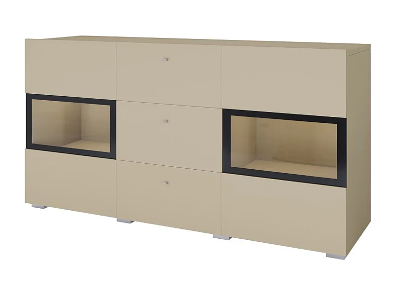 Buffet RAMOS 130 cm – Lichtbeige – Geïntegreerde multicolor LED – 2 glazen deuren en 3 laden