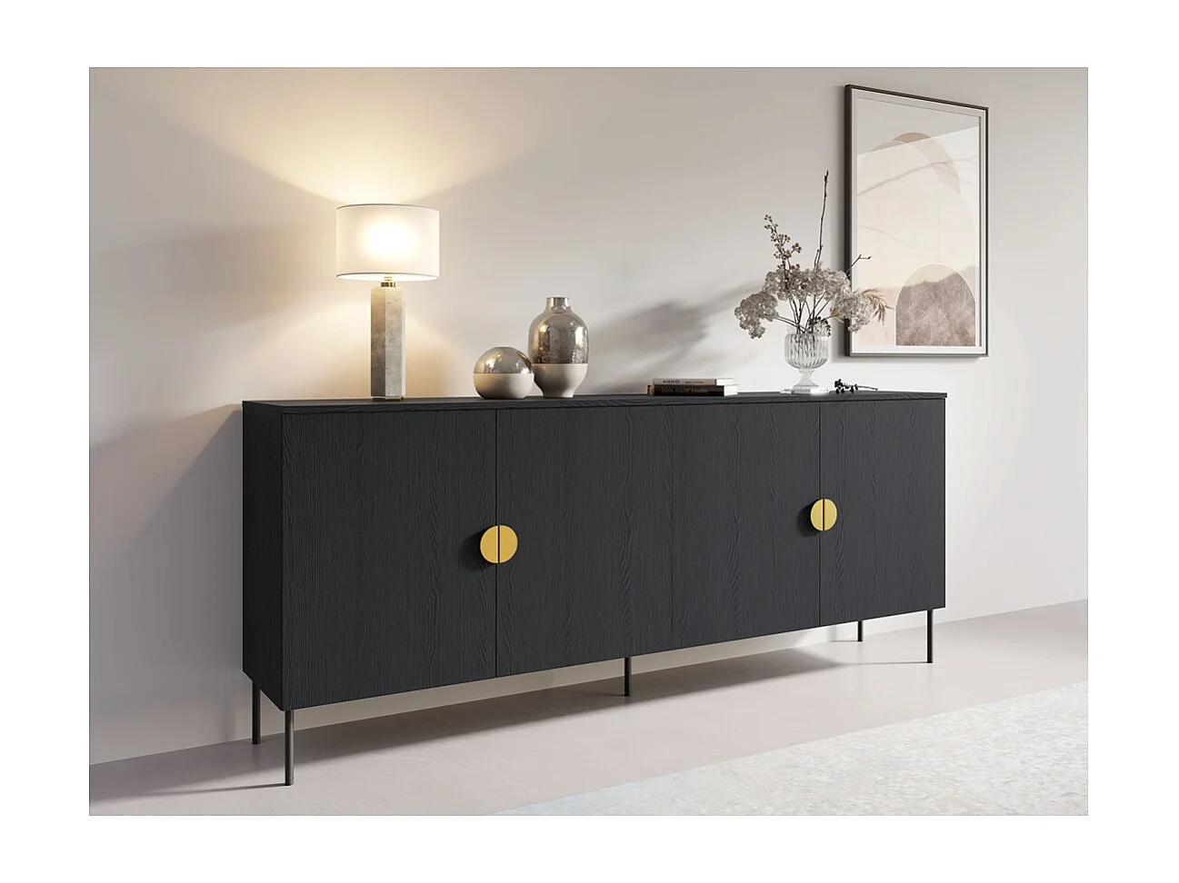 Buffet 4 Türen MONDO – Mattschwarz, Metallfüße und goldene Griffe – Modernes Design