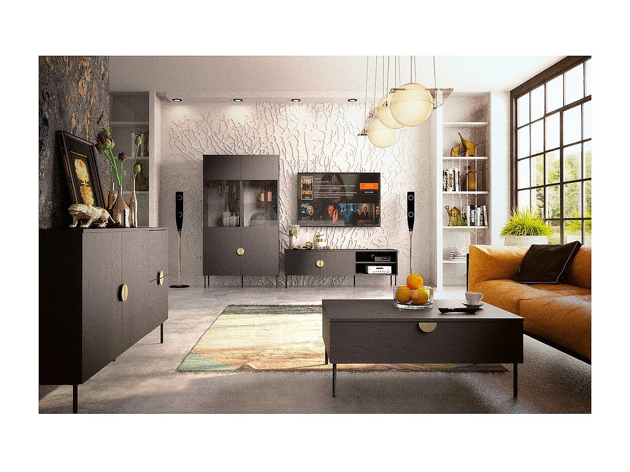Buffet 4 Türen MONDO – Mattschwarz, Metallfüße und goldene Griffe – Modernes Design