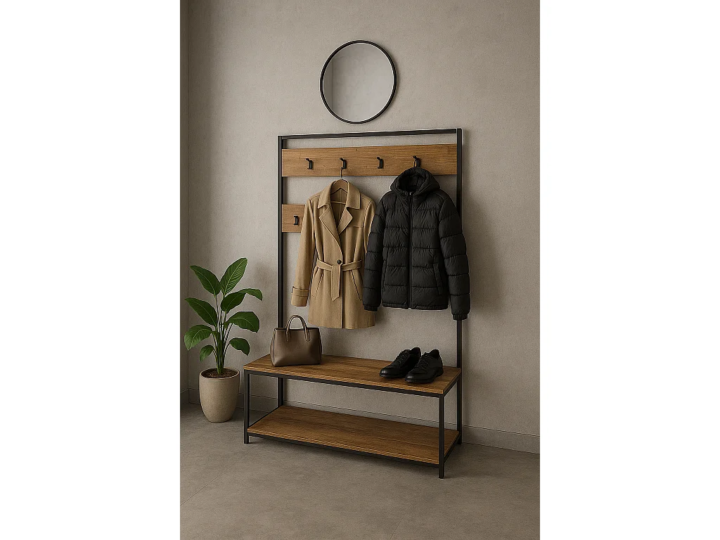 Protocole Home — Porte-manteaux avec banc et 2 étagères à chaussures, 100 x 39 x 180 cm, bois et métal noir.
