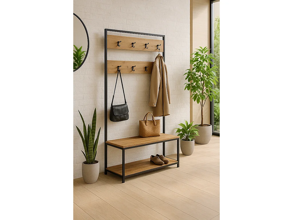 Protocole Home — Porte-manteaux avec banc et 2 étagères à chaussures, 100 x 39 x 180 cm, bois et métal noir.