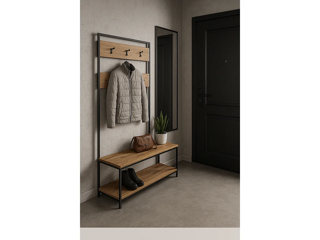 Protocole Home — Porte-manteaux avec banc et 2 étagères à chaussures, 100 x 39 x 180 cm, bois et métal noir.