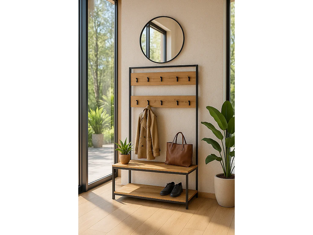 Protocole Home — Porte-manteaux avec banc et 2 étagères à chaussures, 100 x 39 x 180 cm, bois et métal noir.