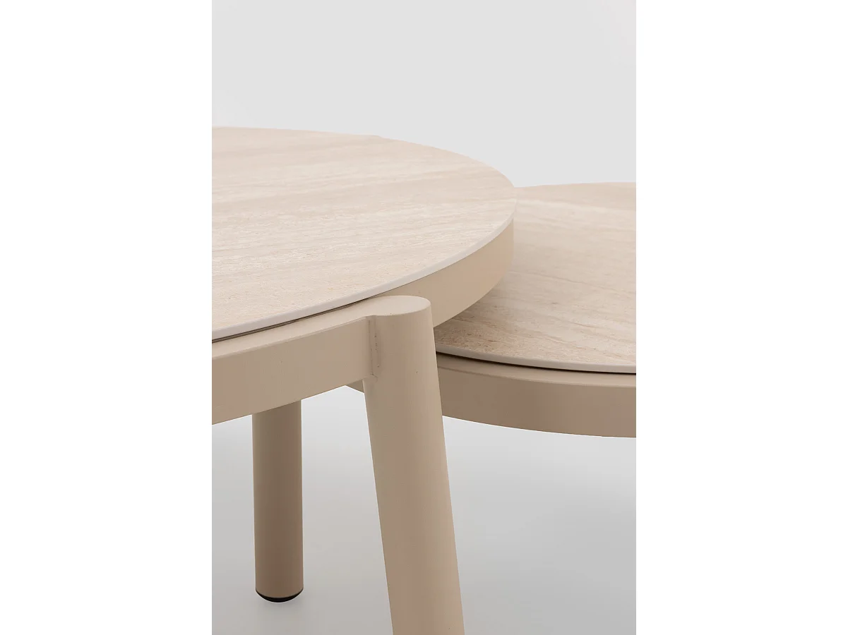 Jogo 2 mesas de centro de alumínio com tampo ceramica travertino