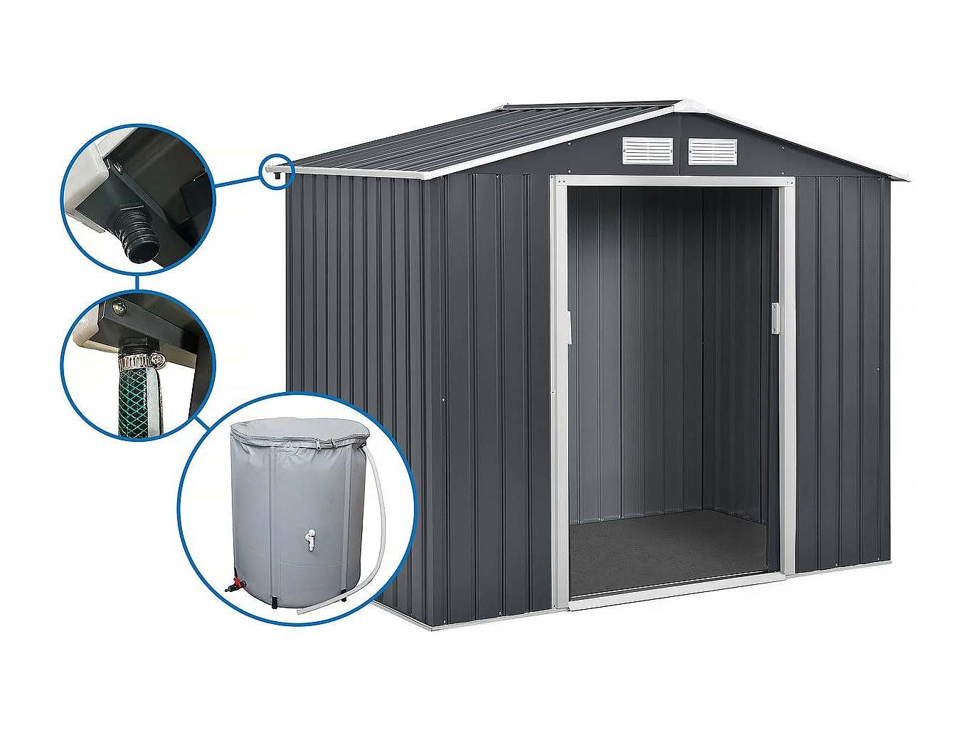 Abri de jardin métal "Vegas" 2,7 m² avec gouttière et récupérateur d'eau pour une solution de rangement écologique