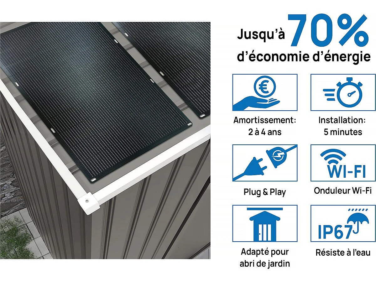 Abri jardin métal "Dallas"- 2.71 m² avec panneau solaire