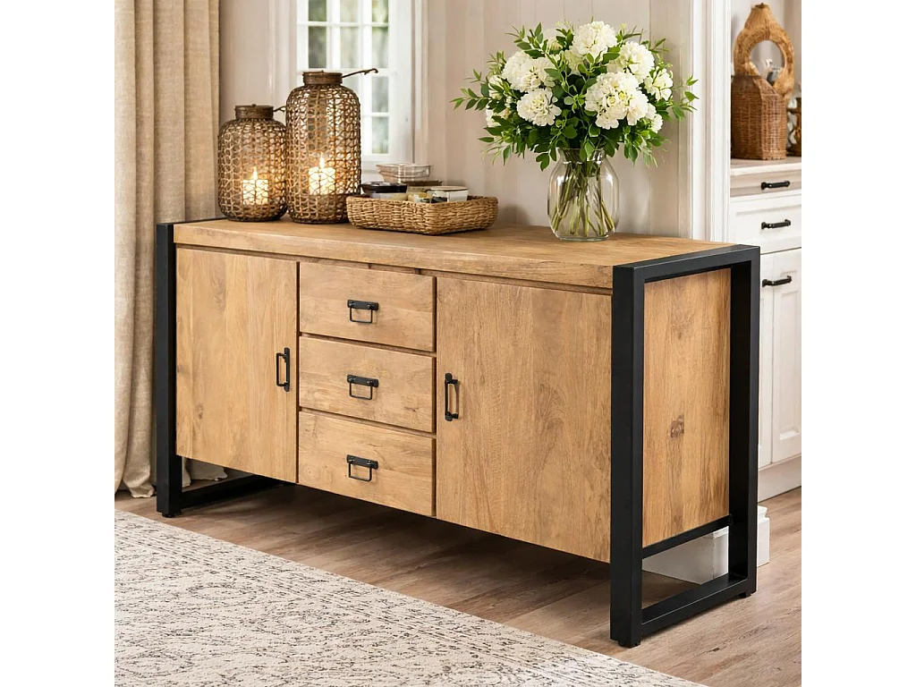 Buffet en bois clair et métal noir 2 portes MILORA
