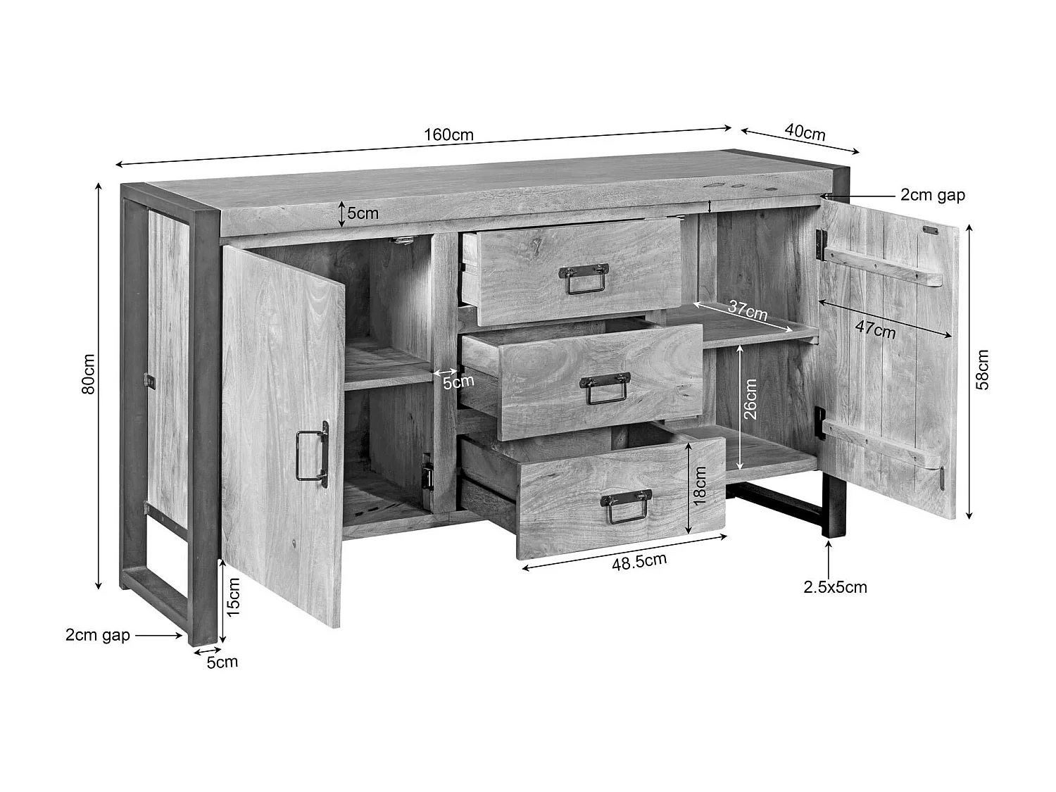 Buffet en bois clair et métal noir 2 portes MILORA