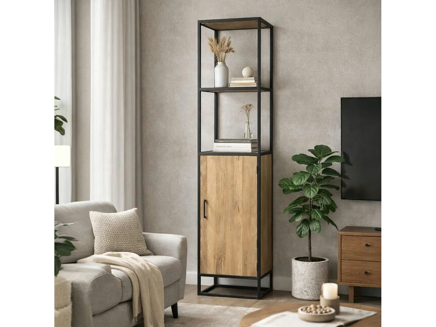 Colonne salon en bois clair 1 porte 2 plateaux RIVANO