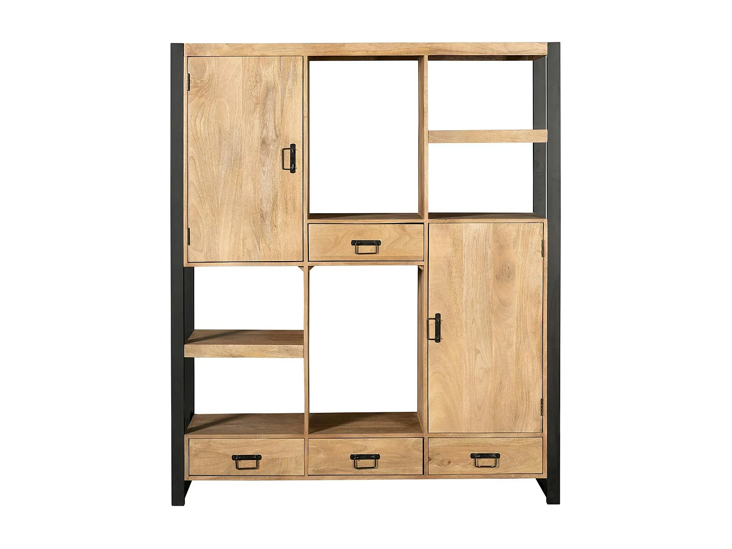 Bibliothèque salon bois clair métal noir avec rangement MILORA