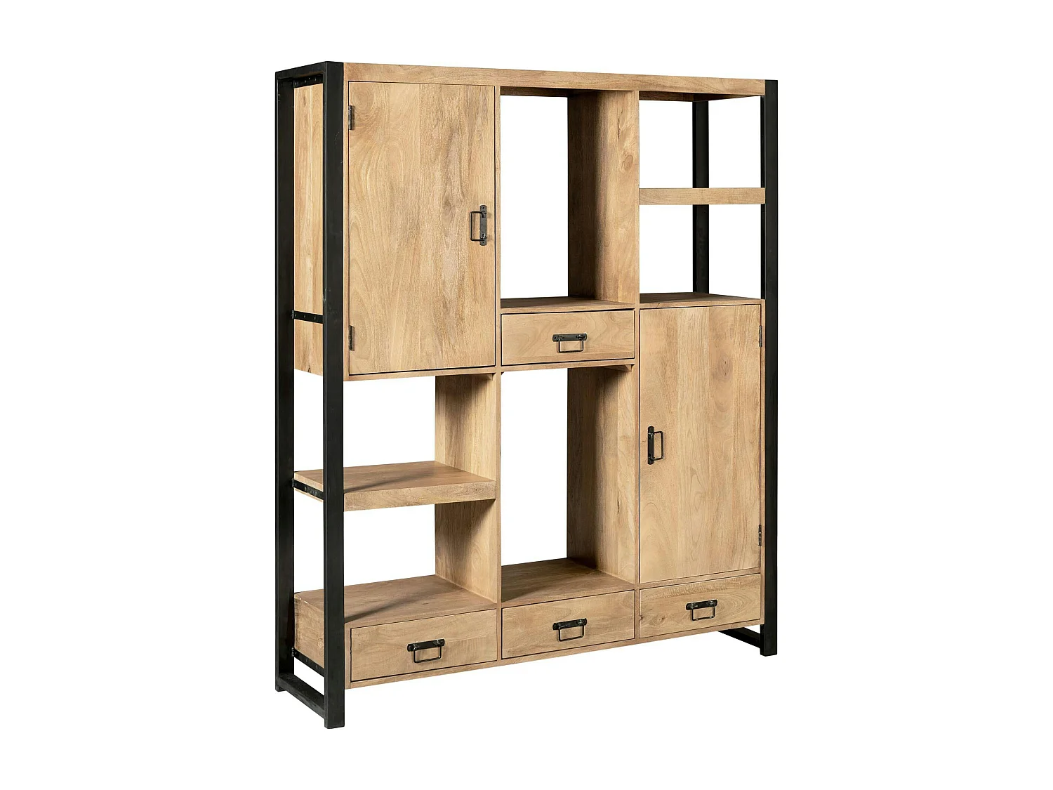 Bibliothèque salon bois clair métal noir avec rangement MILORA