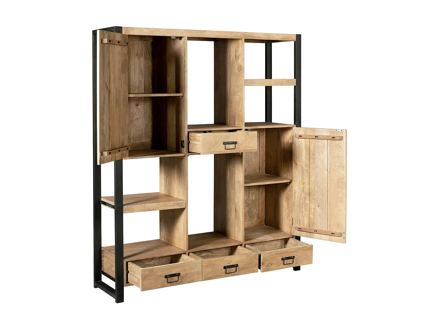 Bibliothèque salon bois clair métal noir avec rangement MILORA