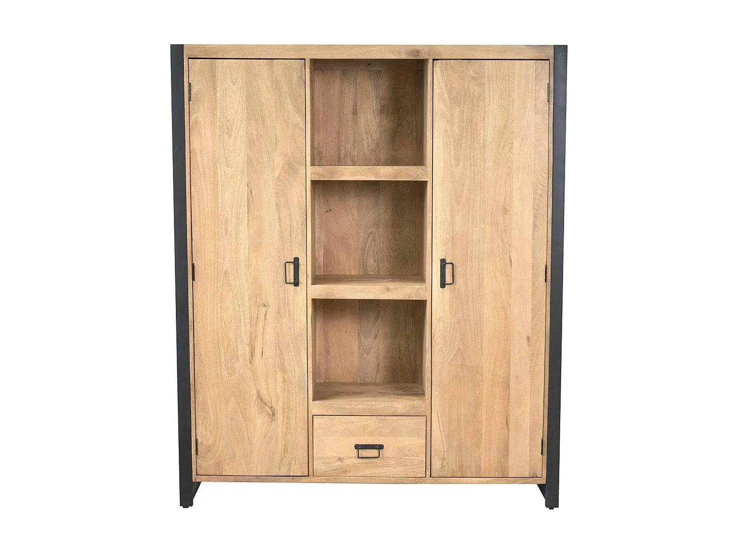 Bibliothèque salon bois clair métal noir 2 portes MILORA
