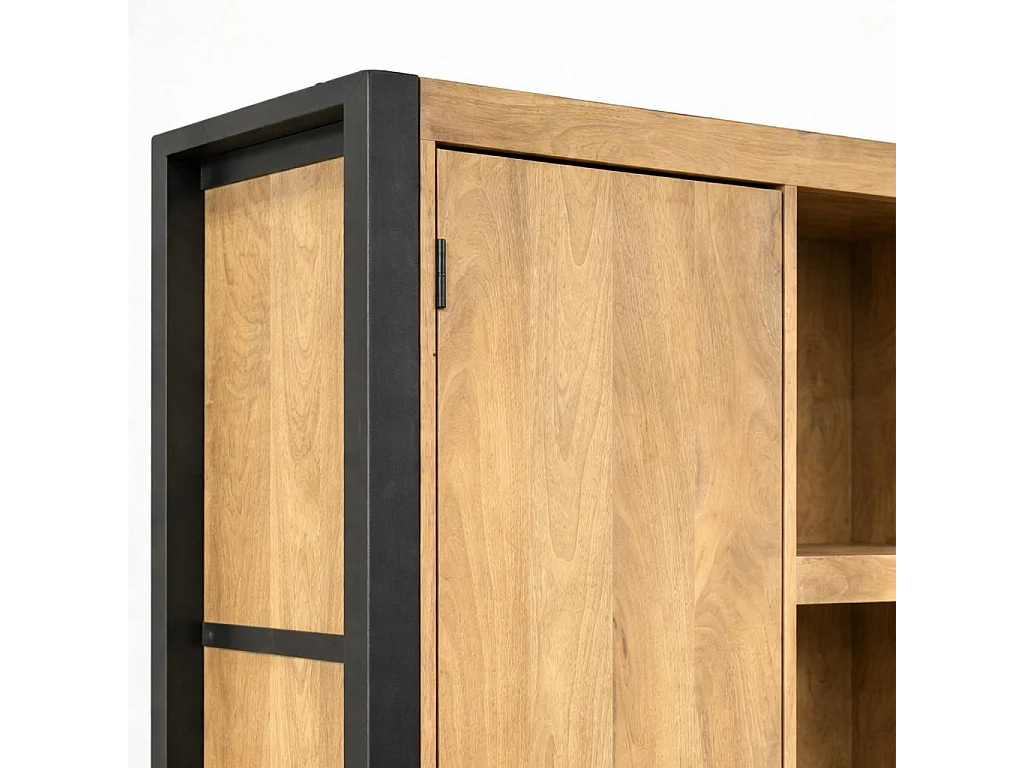 Bibliothèque salon bois clair métal noir 2 portes MILORA