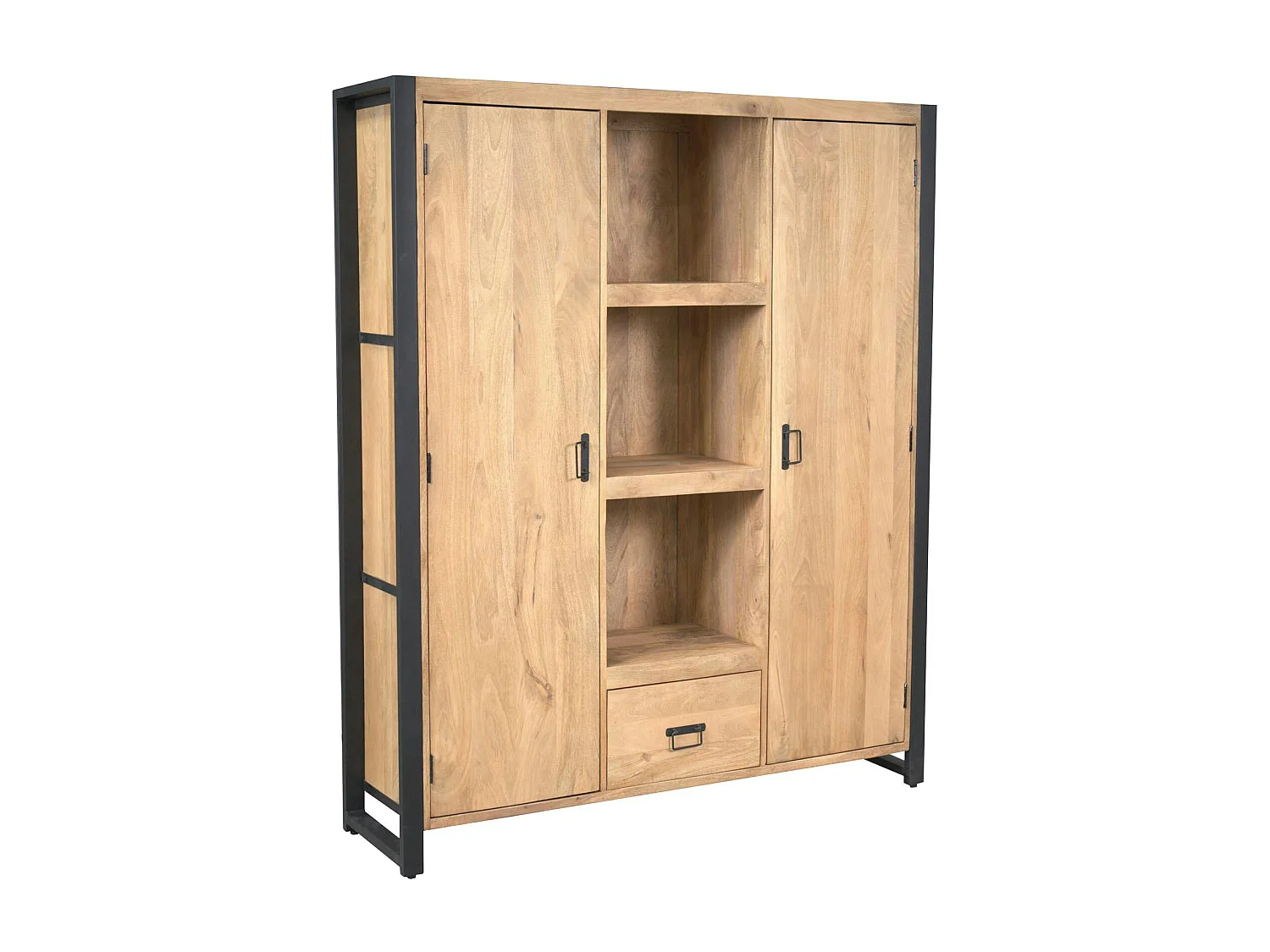 Bibliothèque salon bois clair métal noir 2 portes MILORA