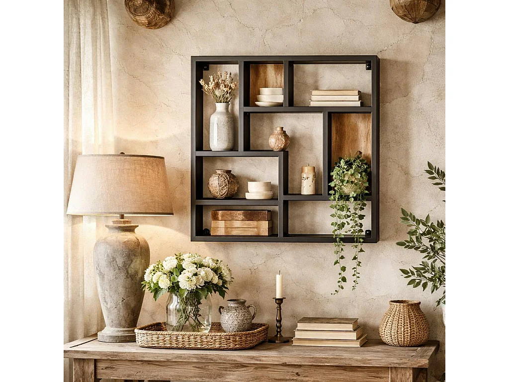 Etagère murale design carré bois clair métal noir RIVANO
