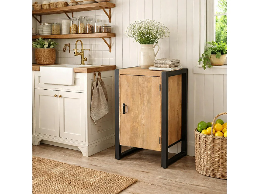 Petit meuble de rangement 1 porte bois clair métal noir MILORA
