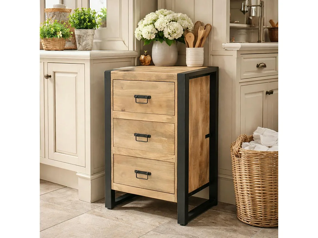 Petit meuble de rangement 3 tiroirs bois clair métal noir MILORA