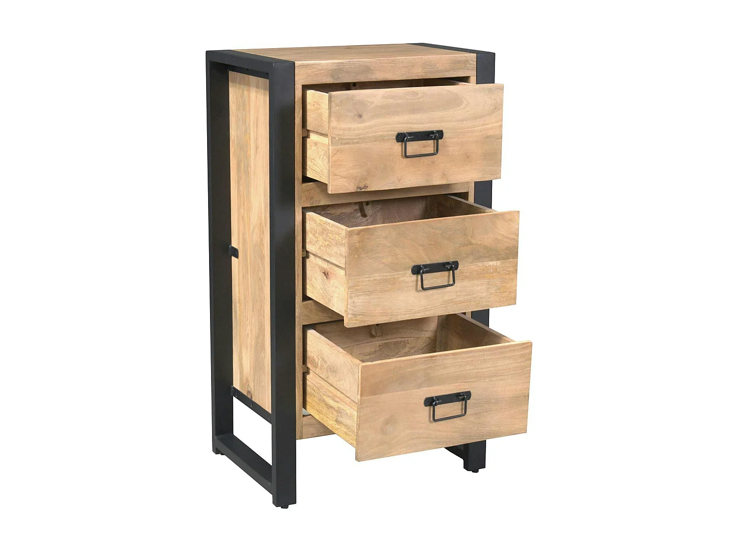 Petit meuble de rangement 3 tiroirs bois clair métal noir MILORA