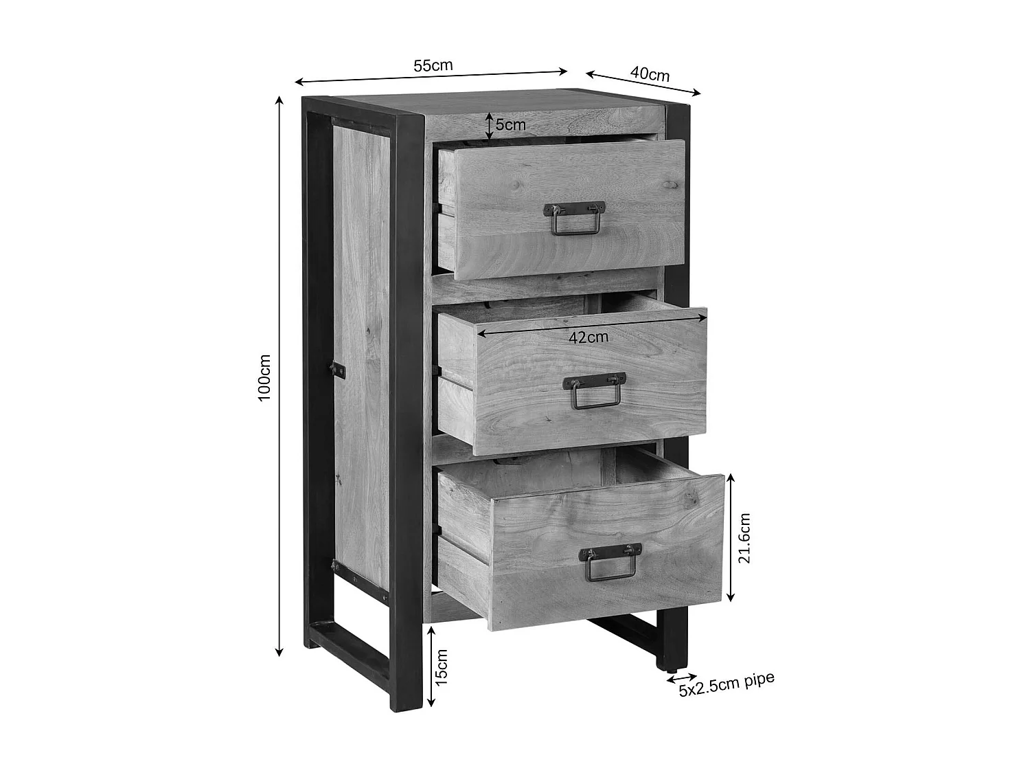 Petit meuble de rangement 3 tiroirs bois clair métal noir MILORA