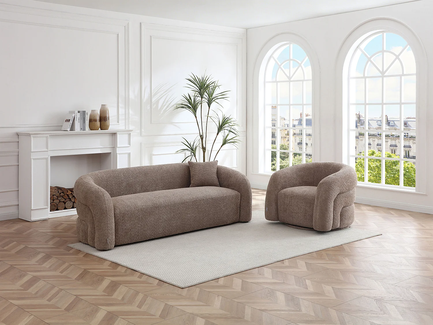 Canapé 3 places et fauteuil en tissu bouclette taupe LAPIOTA de Maison Céphy