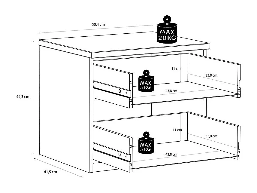 Table de chevet H. 44 cm 2 tiroirs décor chêne et sable mat - ROSALIE