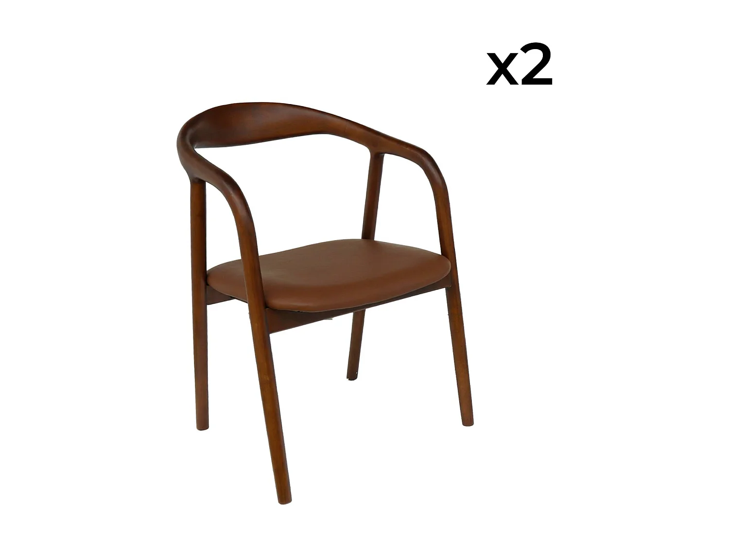 Lot de 2 fauteuils structure bois d'hévéa. assise simili cuir. teinte noyer vintage. L 55 x P 57 x H 79cm.