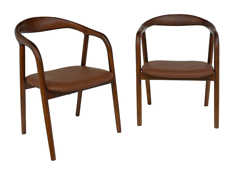 Lot de 2 fauteuils structure bois d'hévéa. assise simili cuir. teinte noyer vintage. L 55 x P 57 x H 79cm.