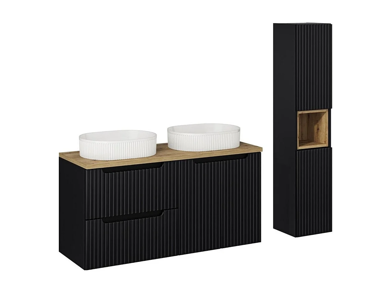 Ensemble VANO 150cm : meubles sous vasque à tiroirs et placards + plan pour vasque + deux vasques à poser rainurées + colonne