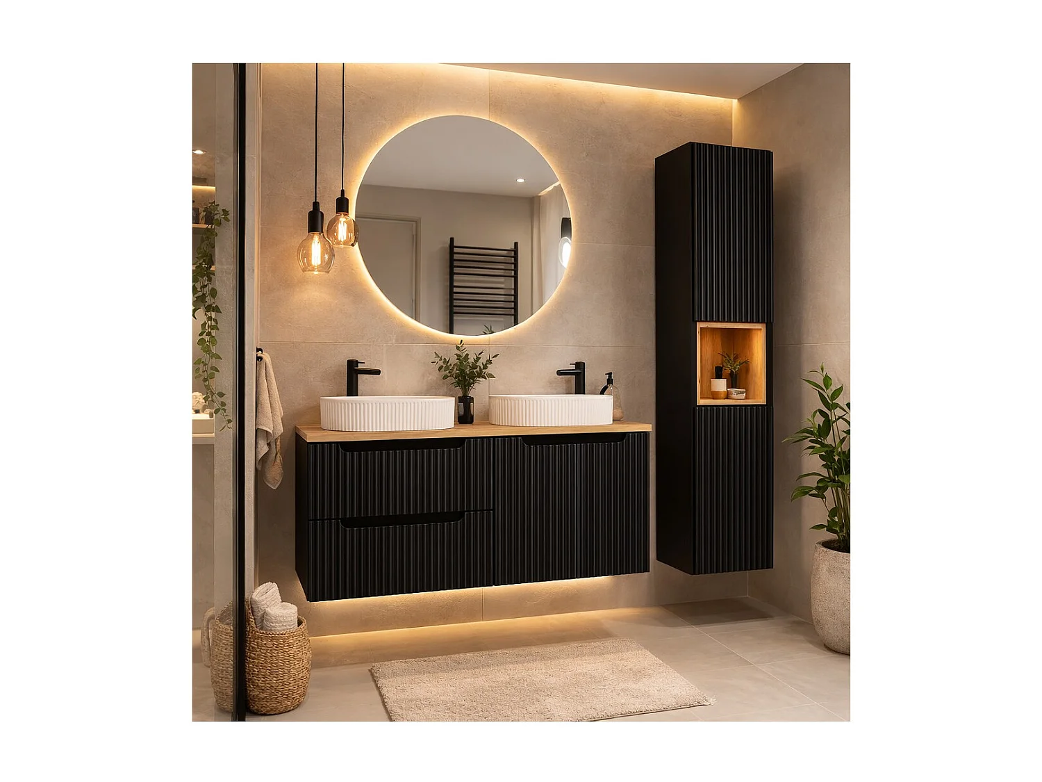 Ensemble VANO 150cm : meubles sous vasque à tiroirs et placards + plan pour vasque + deux vasques à poser rainurées + colonne