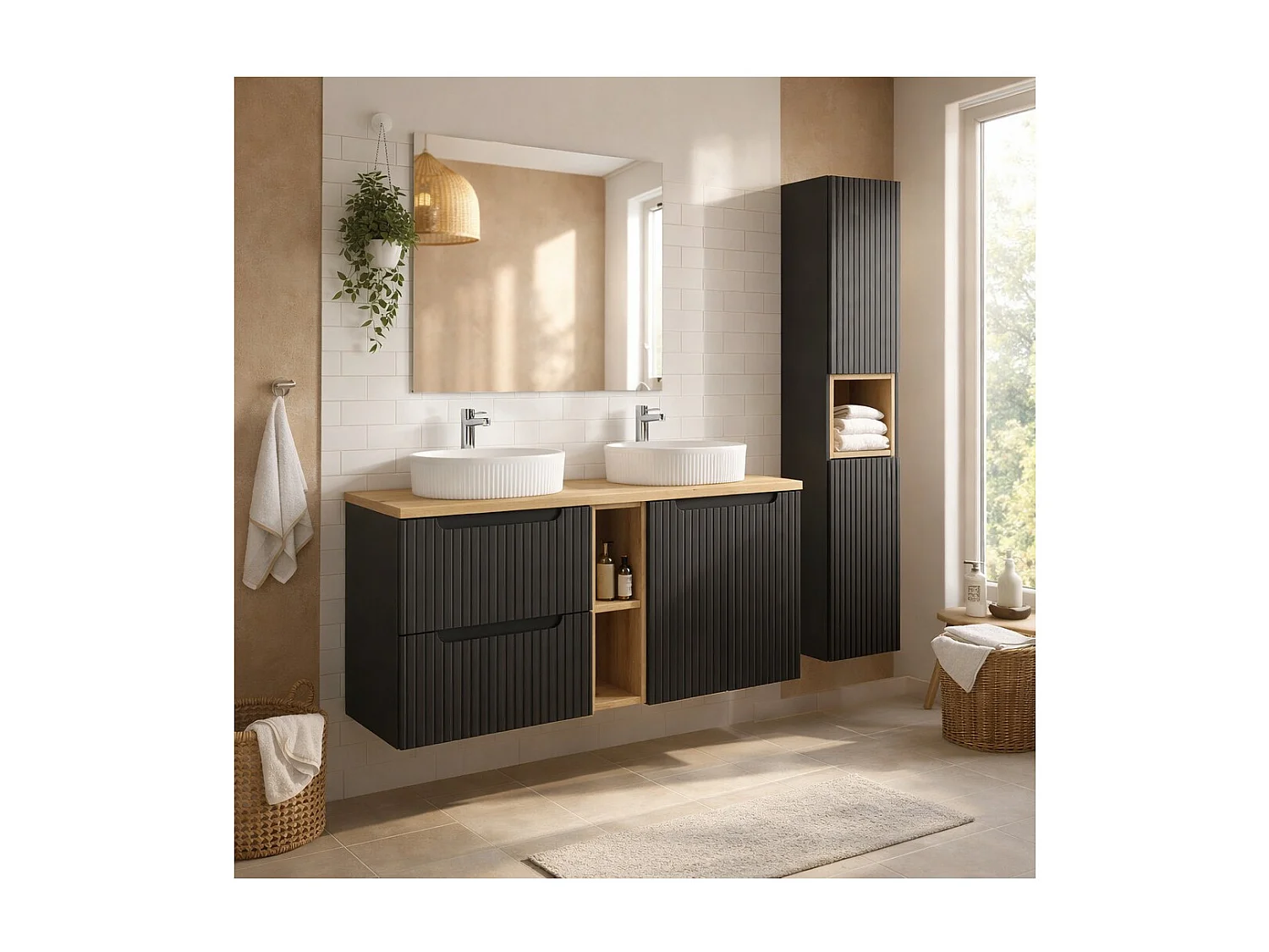 Ensemble VANO 170cm : meubles sous vasque avec niches visibles à tiroirs et placards + deux vasques à poser rainurées + colonne