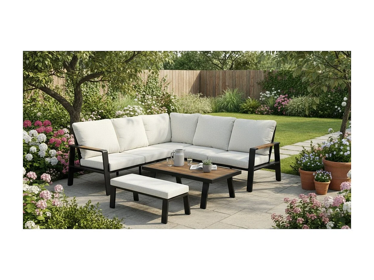 Salon de jardin d'angle CALVARO 4 places en aluminium noir avec coussins beige, banquette et table basse effet bois